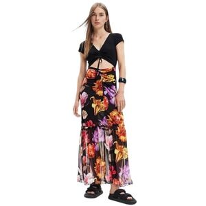 NWT Desigual M Christian Lacroix Maxi Dress L Floral Mesh Cutout Boho Whimsygoth
